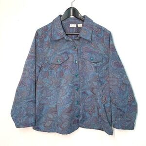 Erika Woman Tapestry Jacket Blue Purple Paisley Print Button Up Shirt Grandma